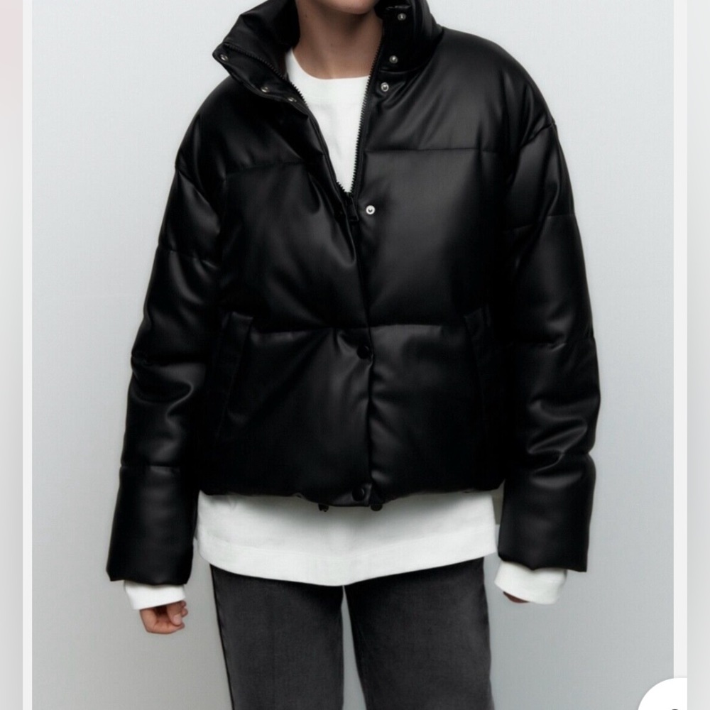 Zara black faux leather puffy coat